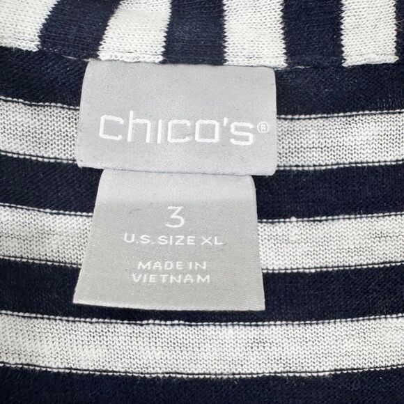 Chicos Top Womens 3 (XL) Blue Striped Linen Popover V-Neck Button Short Sleeve - Picture 2 of 12